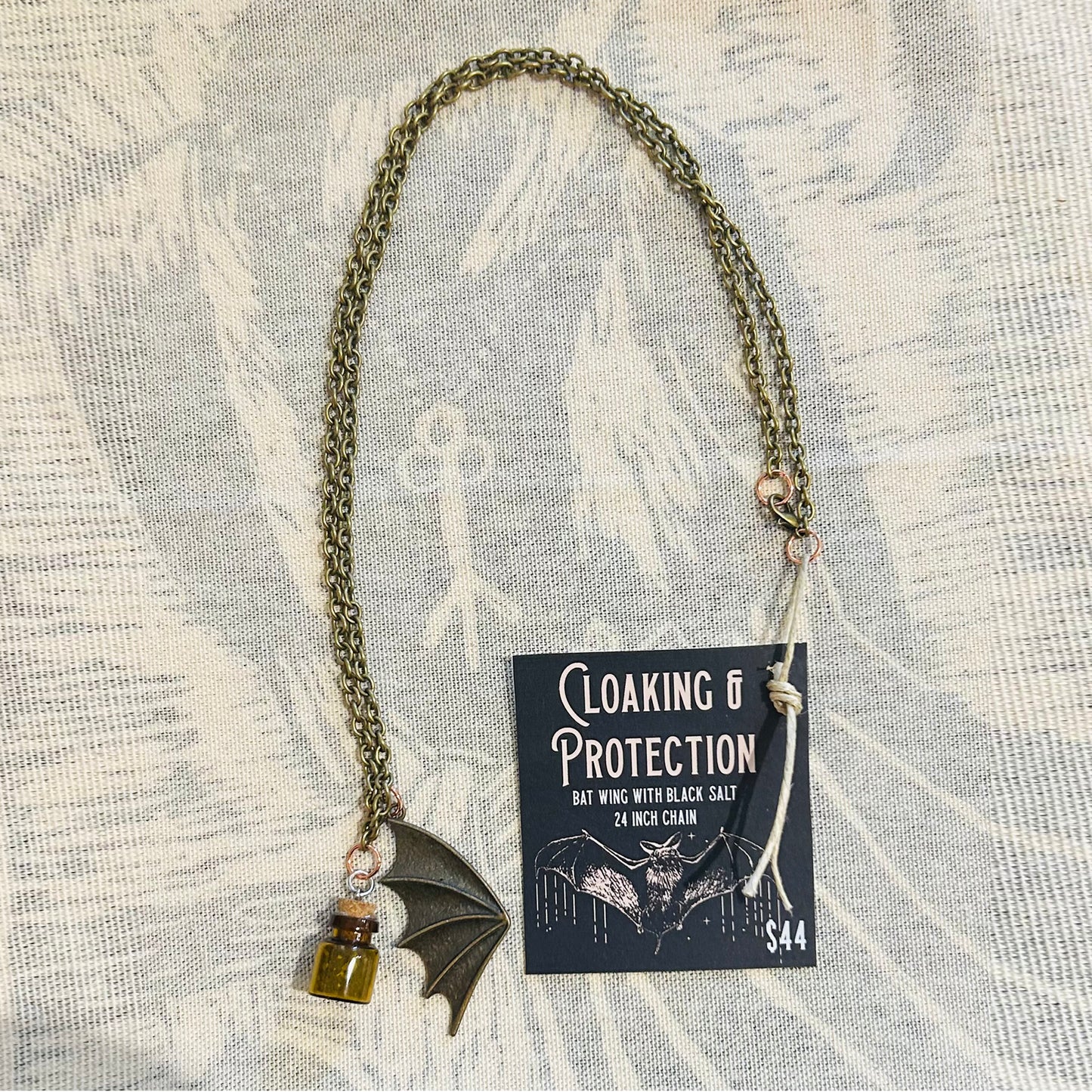 Cloaking & Protection Necklace — Bat Wing & Black Salt (24” Chain)