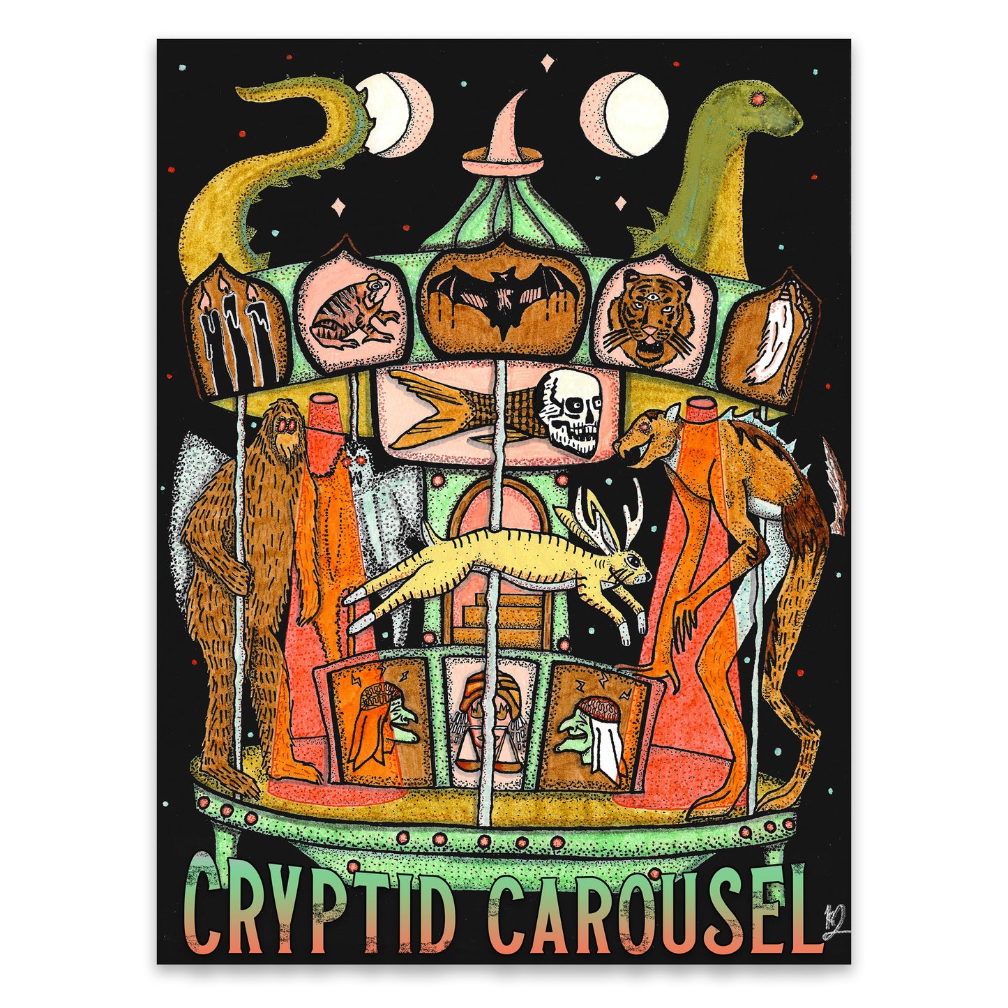 Cryptid Carousel Illustration Print (Available in 2 sizes)