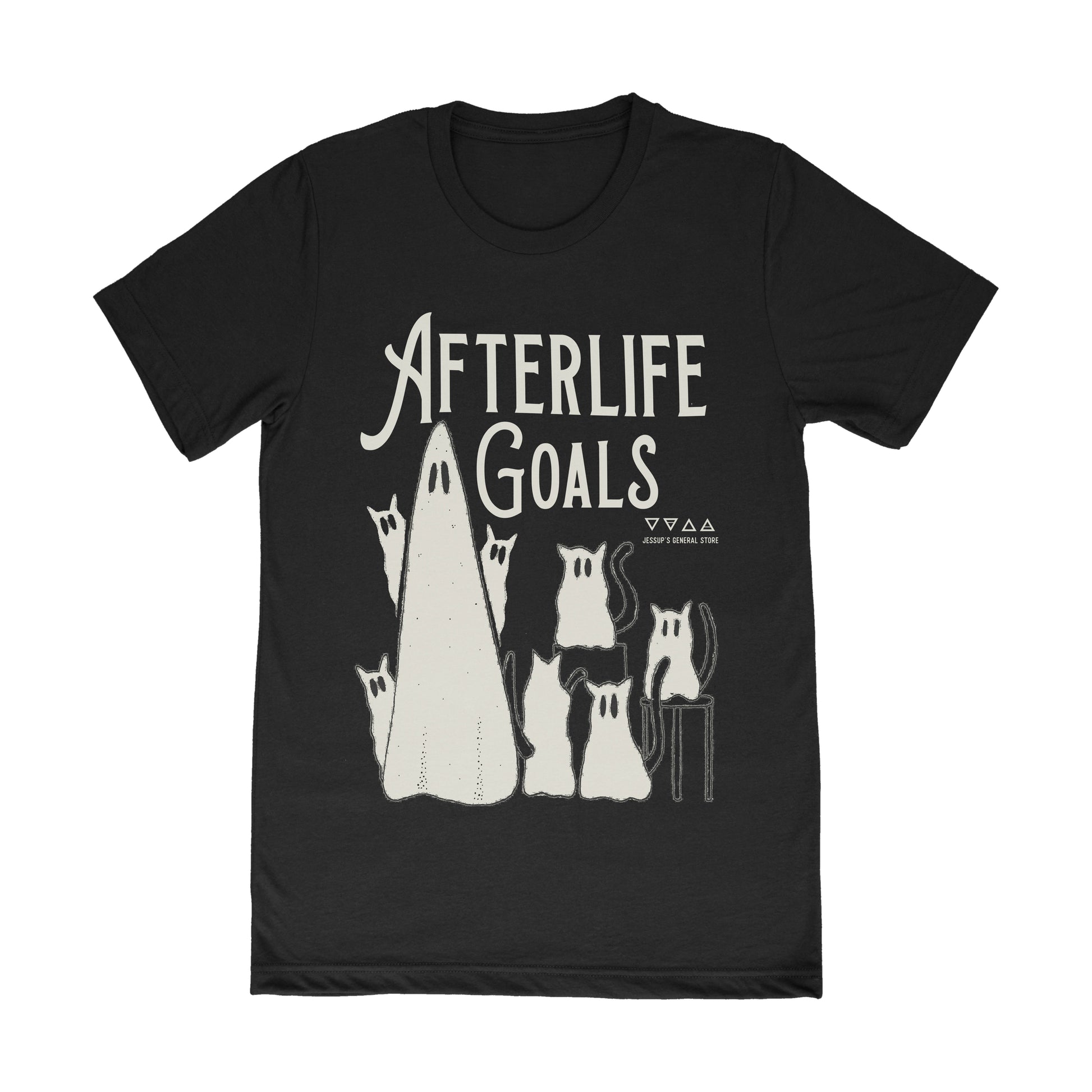 Black unisex t-shirt with cream ghost and ghost cats graphic – Afterlife Goals design