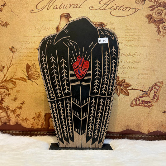 Wooden Crow with Heart Carving