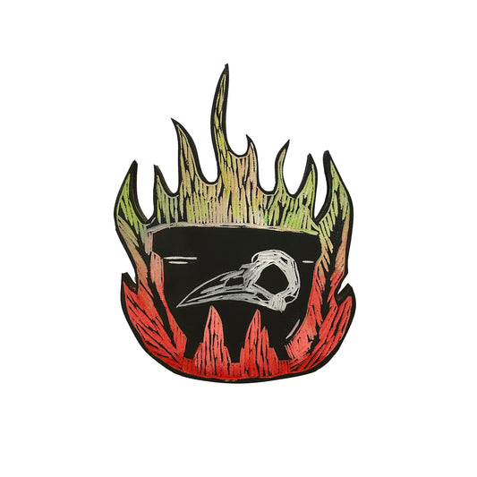 Crow Skull with Hot Cauldron Wooden Art Hanging