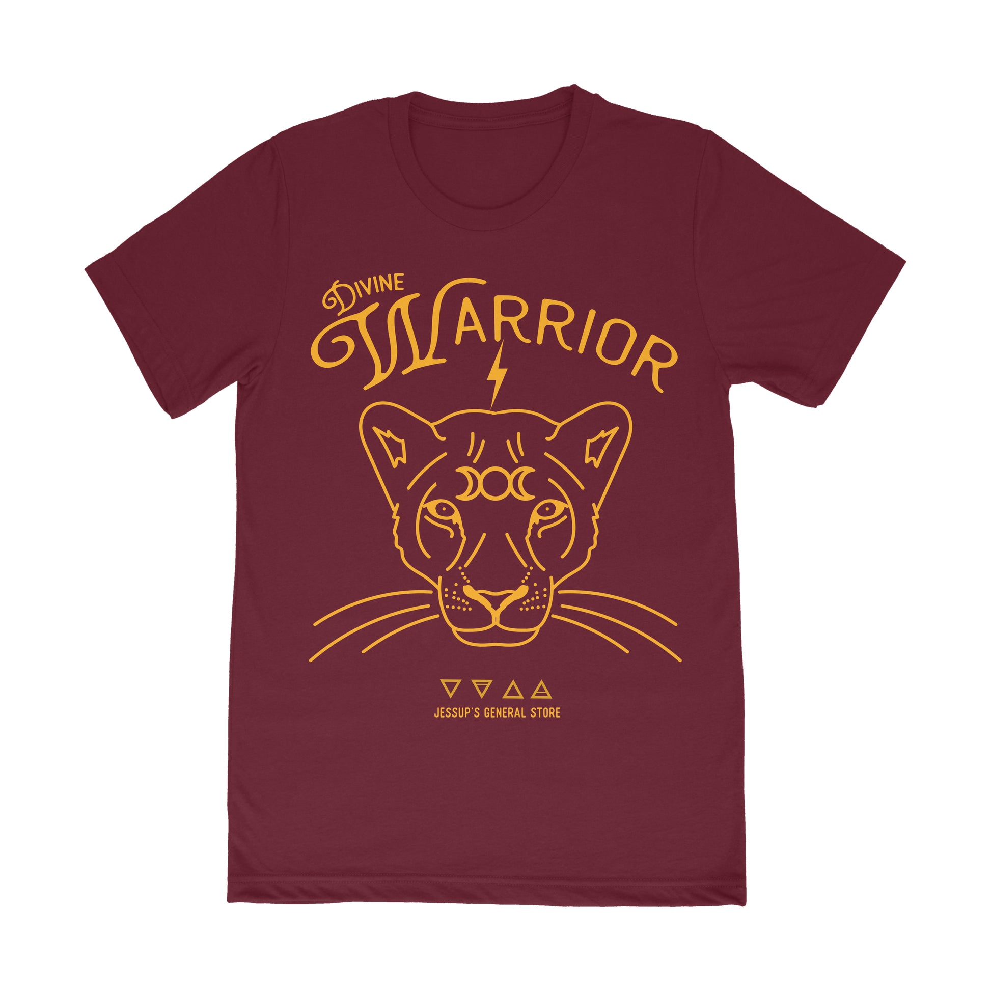 A maroon-colored unisex t-shirt featuring a graphic of a lion's face with the text 'Divine Warrior' and cosmic symbols in a golden color.