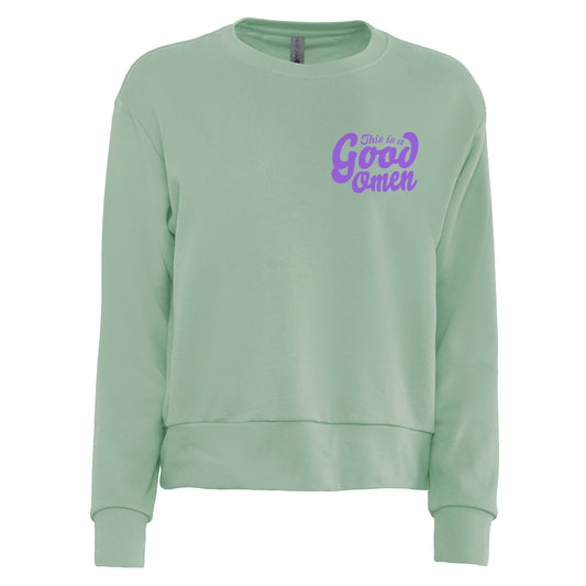 This is a Good Omen Ladies Sweatshirt with small purple logo