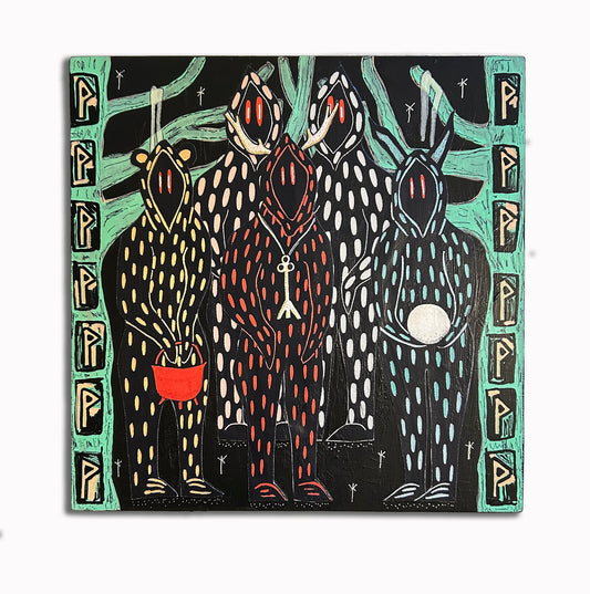 Guardians of the Land of Wishes — Mixed Media on Wood (12x12")