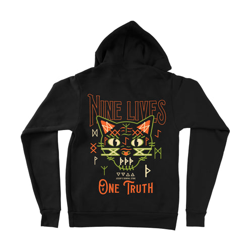 Nine Lives One Truth Unisex Pullover Hoodie.  Design features a black cat face with magical rune symbols.