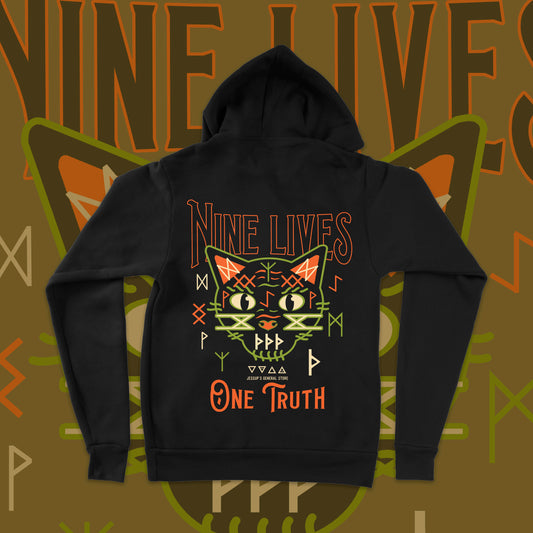 Nine Lives Halloween Spooky Cat Hoodie with Rune Symbols