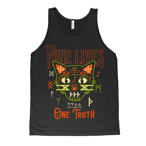 Nine Lives One Truth Unisex Tank Top.  Design features a black cat face with magical rune symbols.