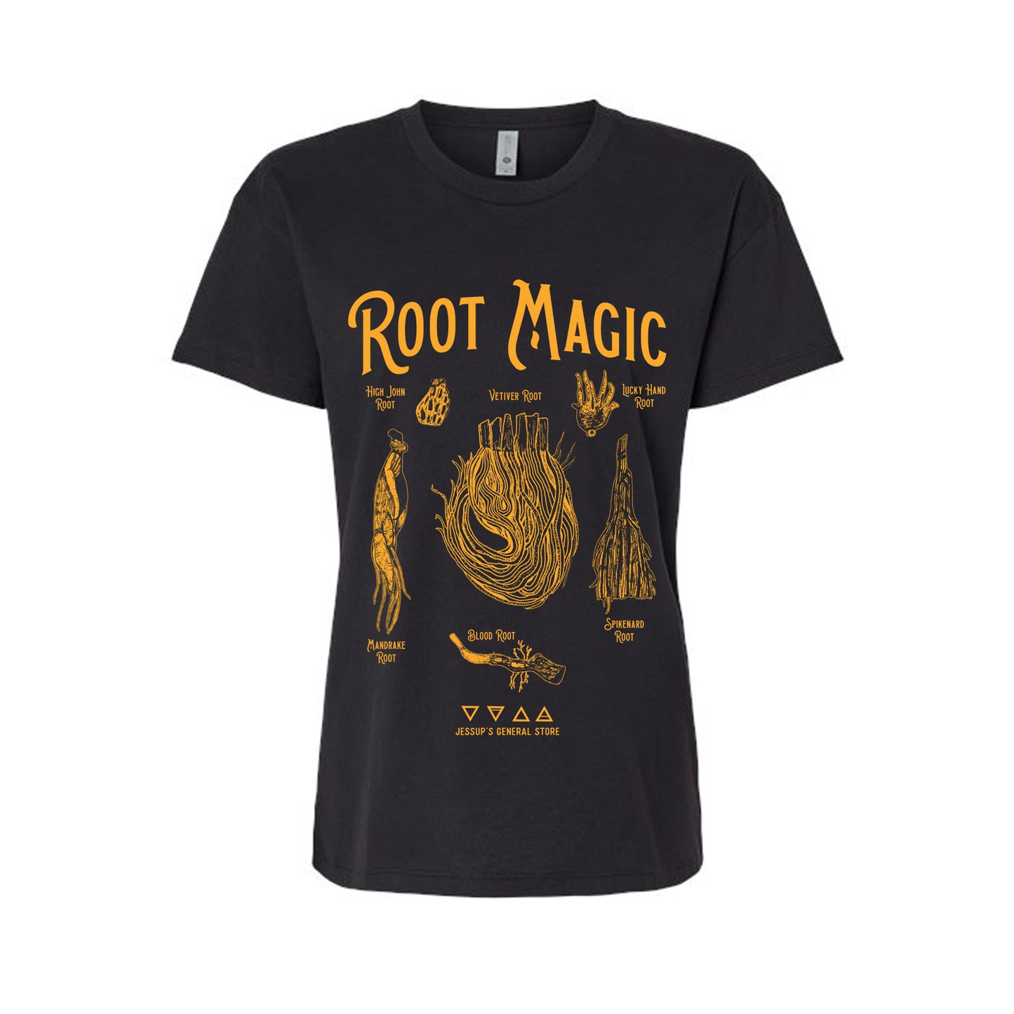 Root Magic tee with mandrake, bloodroot, and herbal folklore art. Soft relaxed fit, bold gold print — a witchy wardrobe essential.