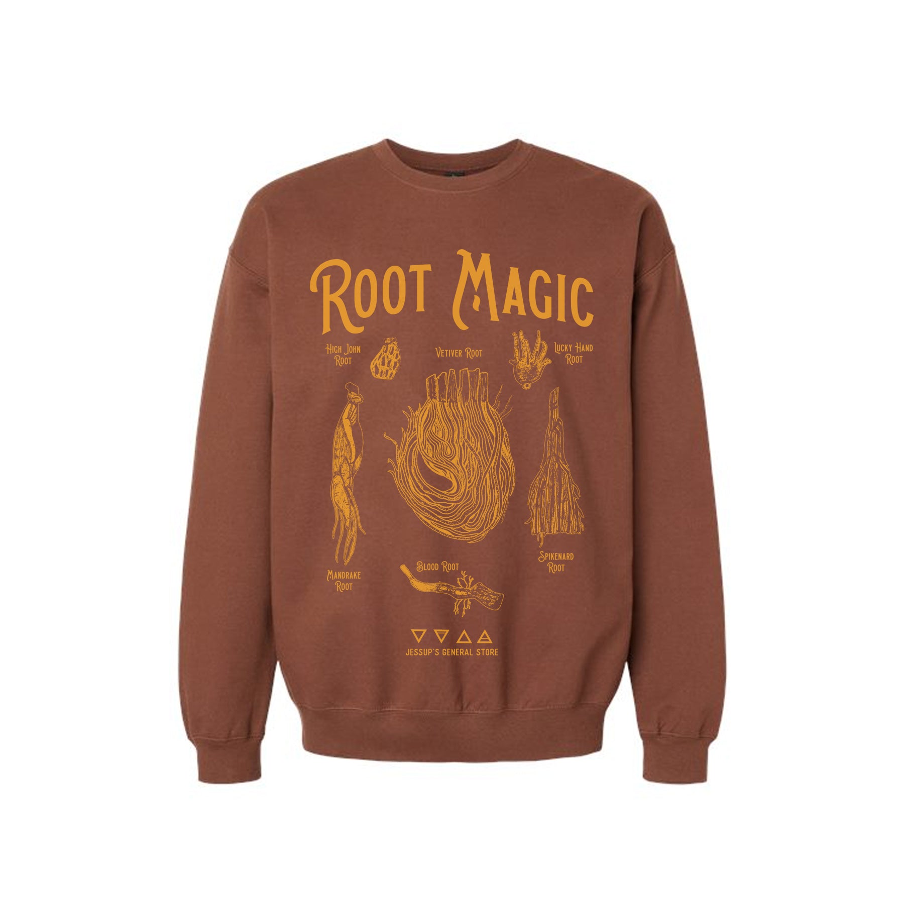 Root Magic crewneck with botanical folk magic design in gold print. Soft, mid-weight sweatshirt for witchy wardrobes.