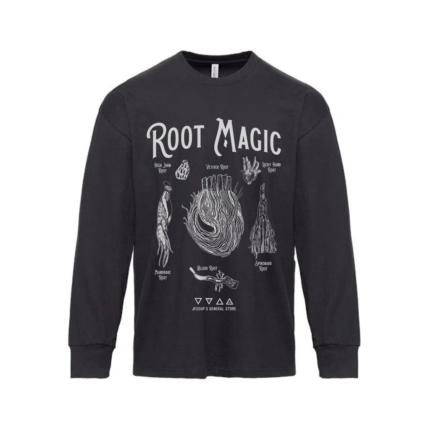 Black long-sleeve shirt with 'Root Magic' graphic design on a white background