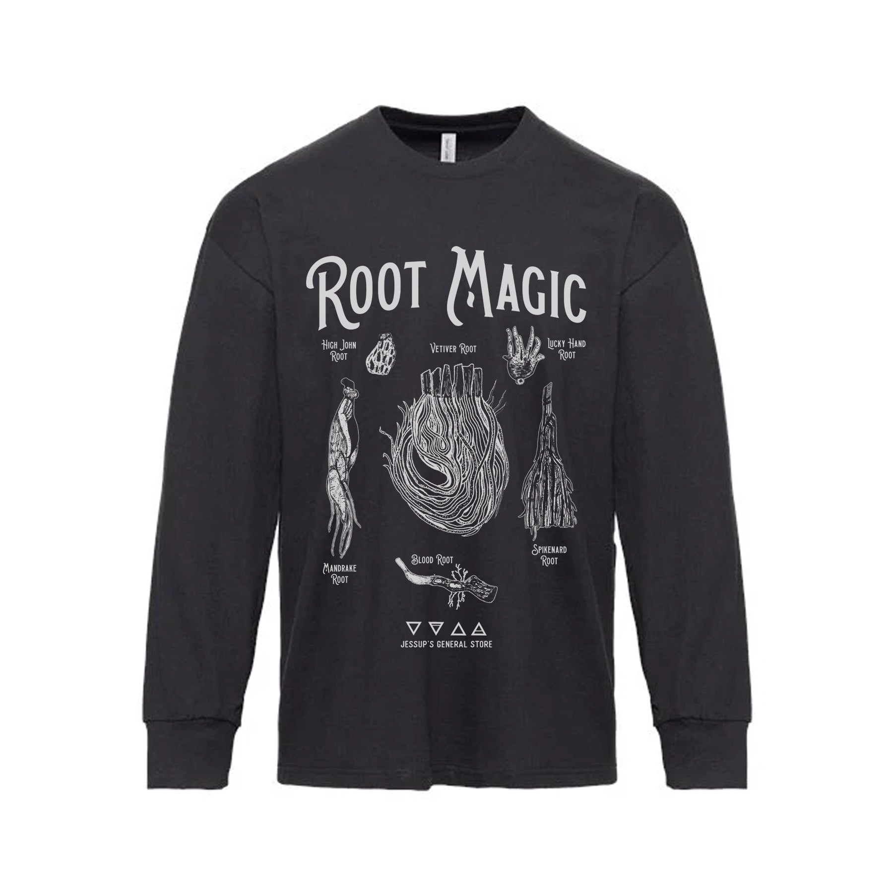 Black long-sleeve shirt with 'Root Magic' graphic design on a white background