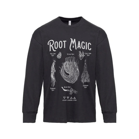 Black long-sleeve shirt with 'Root Magic' graphic design on a white background