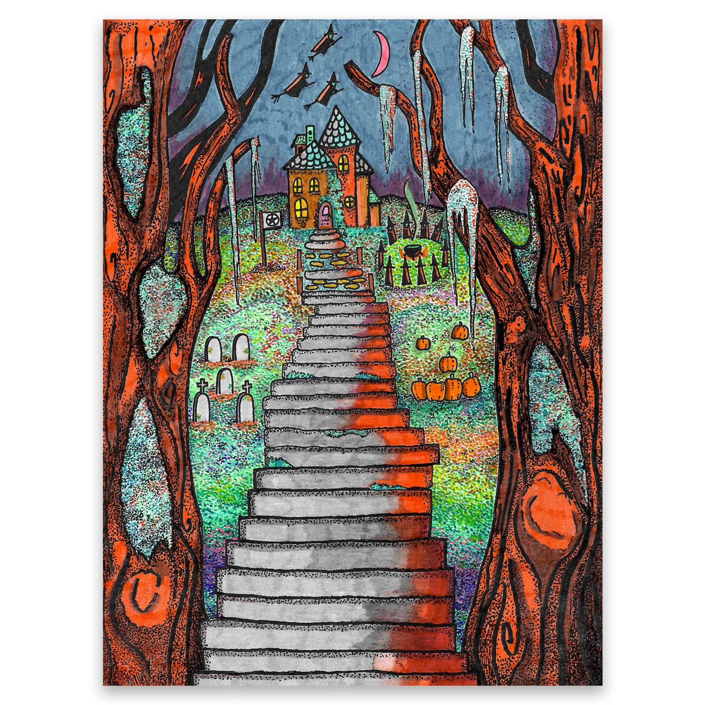 The House on the Hill Halloween Illustration Print