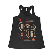 To Curse or Cure Ladies Tank Top.  Design features a feather, crescent moon, mushrooms, a mortar and pestle.  Perfect for witches and other magical beings. Witchcraft Clothing
