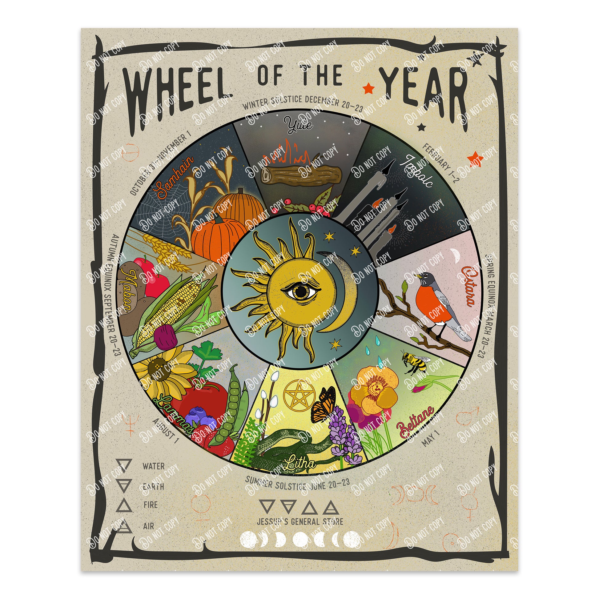 Wheel of the Year pagan art print with eight seasonal symbols for witchcraft rituals